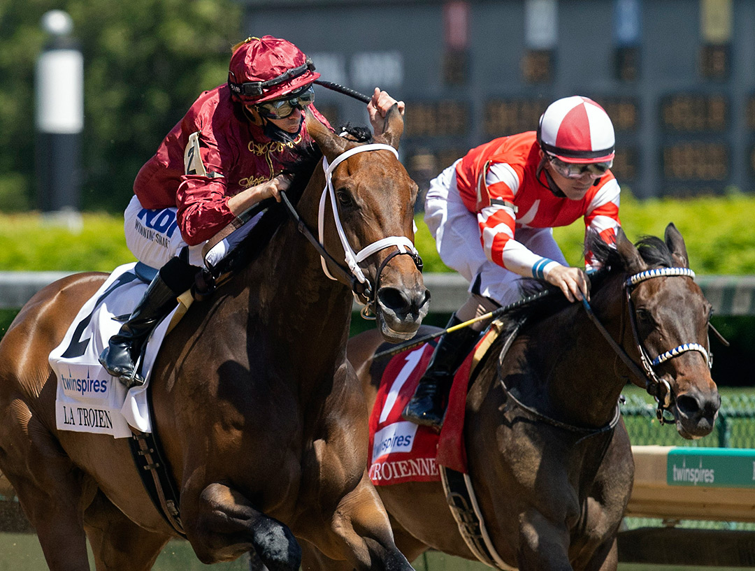Envoutante (right) finishes second in the 2021 La Troienne Stakes at Churchill Downs