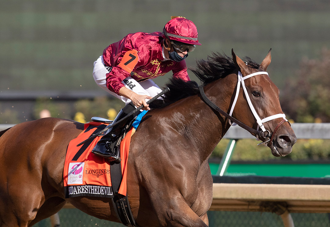 Shedaresthedevil wins the 2020 Kentucky Oaks at Churchill Downs