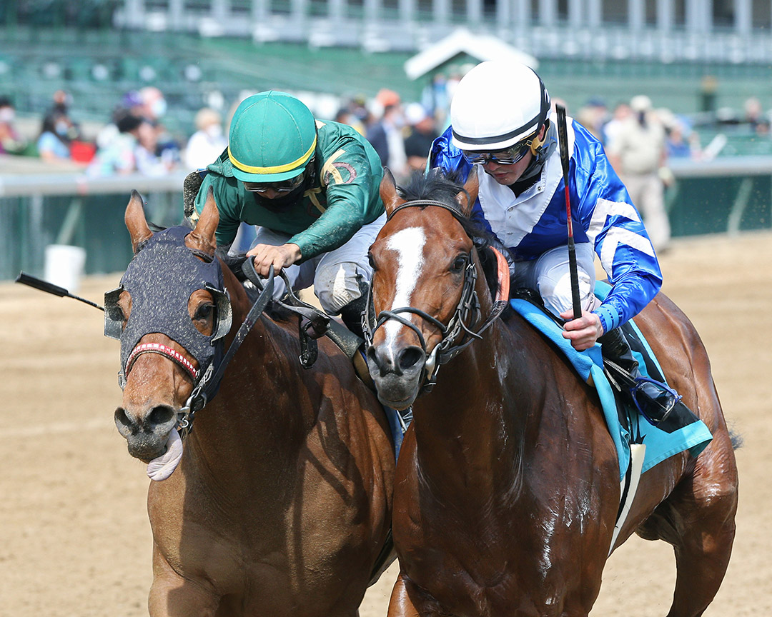Sir Alfred James (right) wins an April 2021 allowance at Churchill Downs