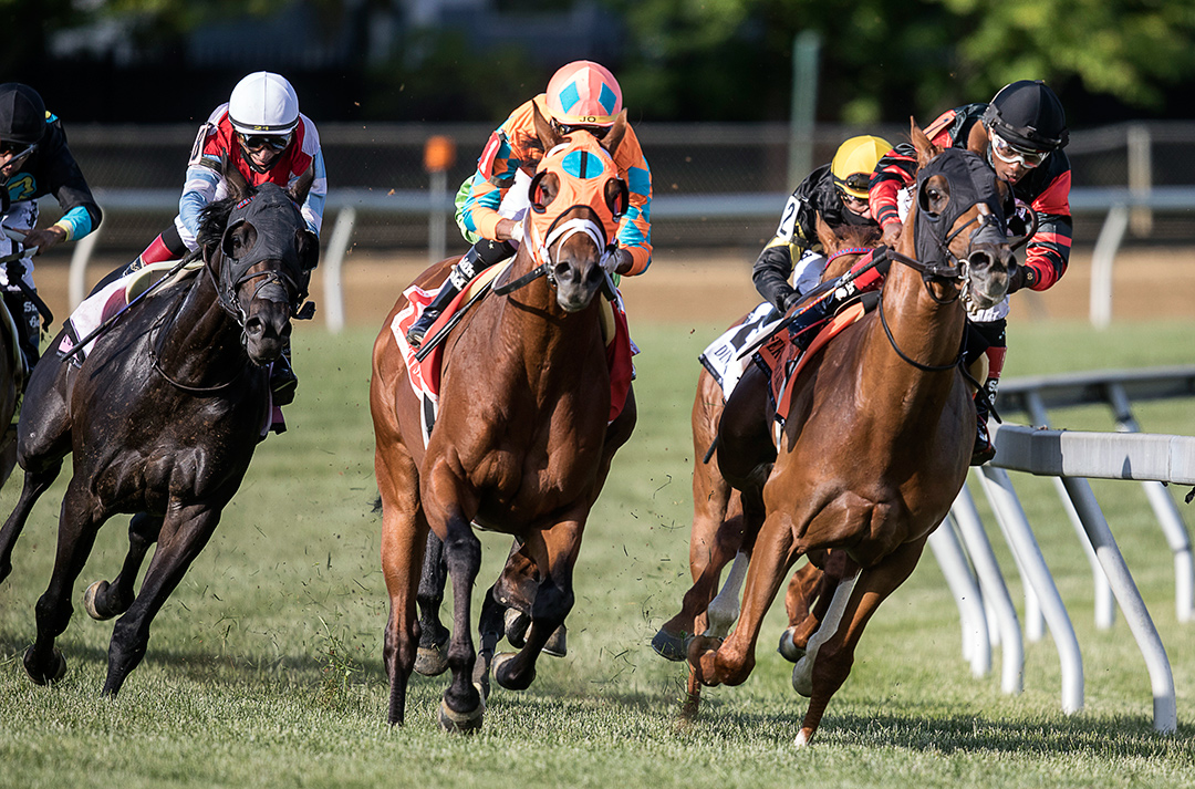 Somelikeithotbrown, center, enters the final turn on the way to winning the 2021 Dinner Party Stakes