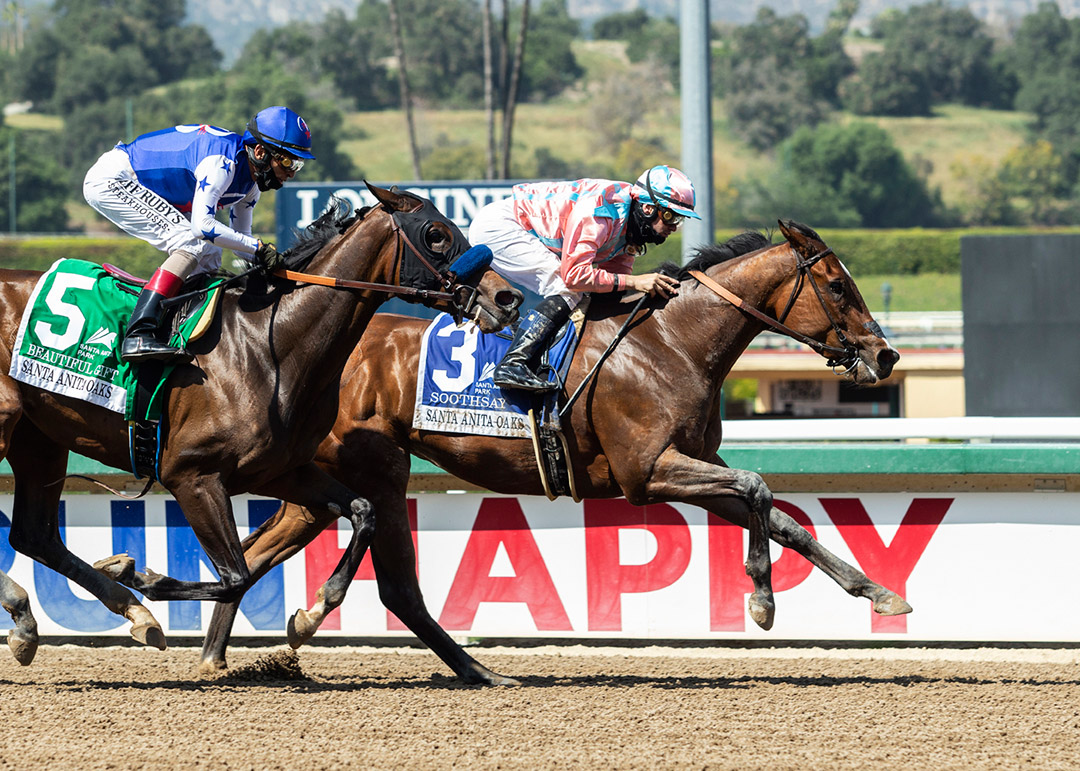 Soothsay (right) wins the 2021 Santa Anita Oaks at Santa Anita Park