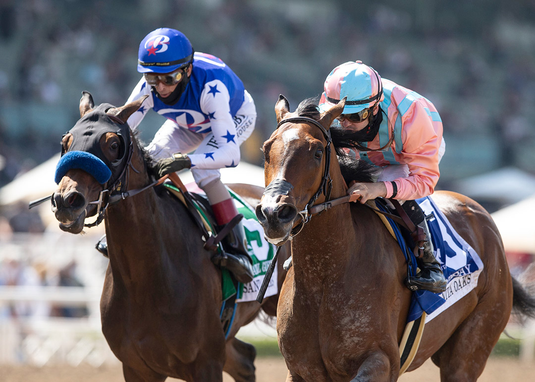Soothsay (right) wins the 2021 Santa Anita Oaks at Santa Anita Park