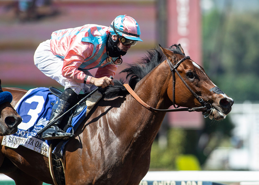 Soothsay wins the 2021 Santa Anita Oaks at Santa Anita Park