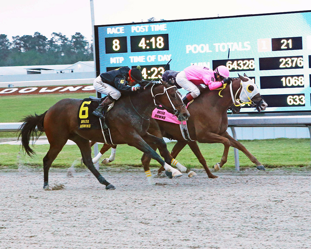 Speaktomeoflove (pink silks) wins the 2020 B-Connected Stakes at Delta Downs