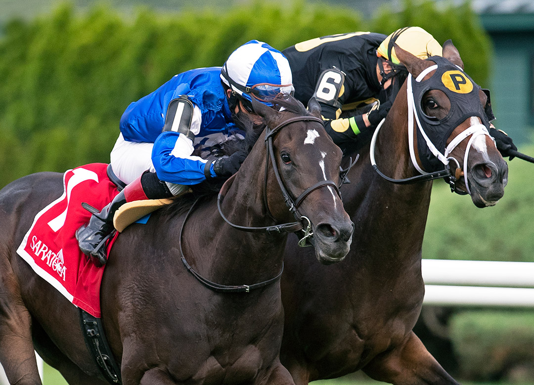 Speaktomeofsummer (left) wins the 2020 Lake Placid Stakes at Saratoga