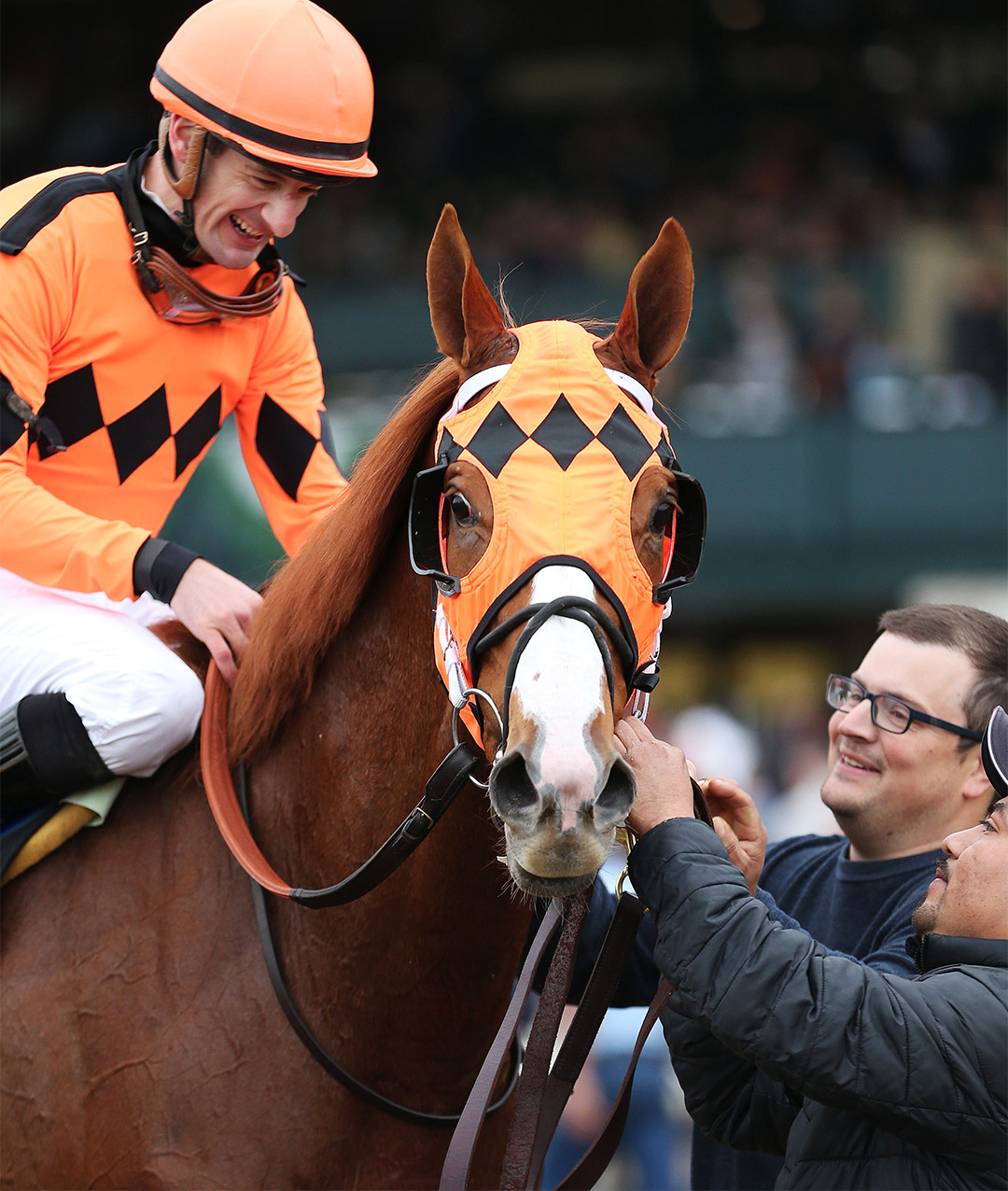 Trainer Jason Barkely (right) with Spooky Channel after the Sycamore Stakes at Keeneland