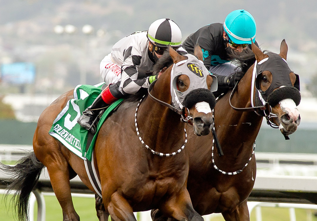 Stalking Shadow (left) wins the 2021 California Derby at Golden Gate Fields