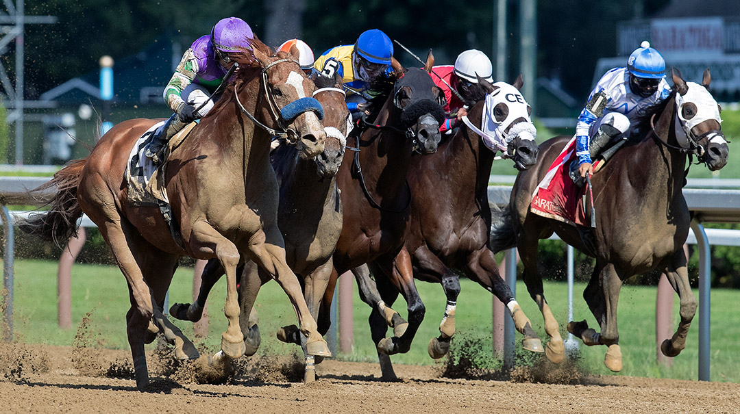 Stan the Man (far left) wins the 2020 Tale of the Cat Stakes at Saratoga Race Course