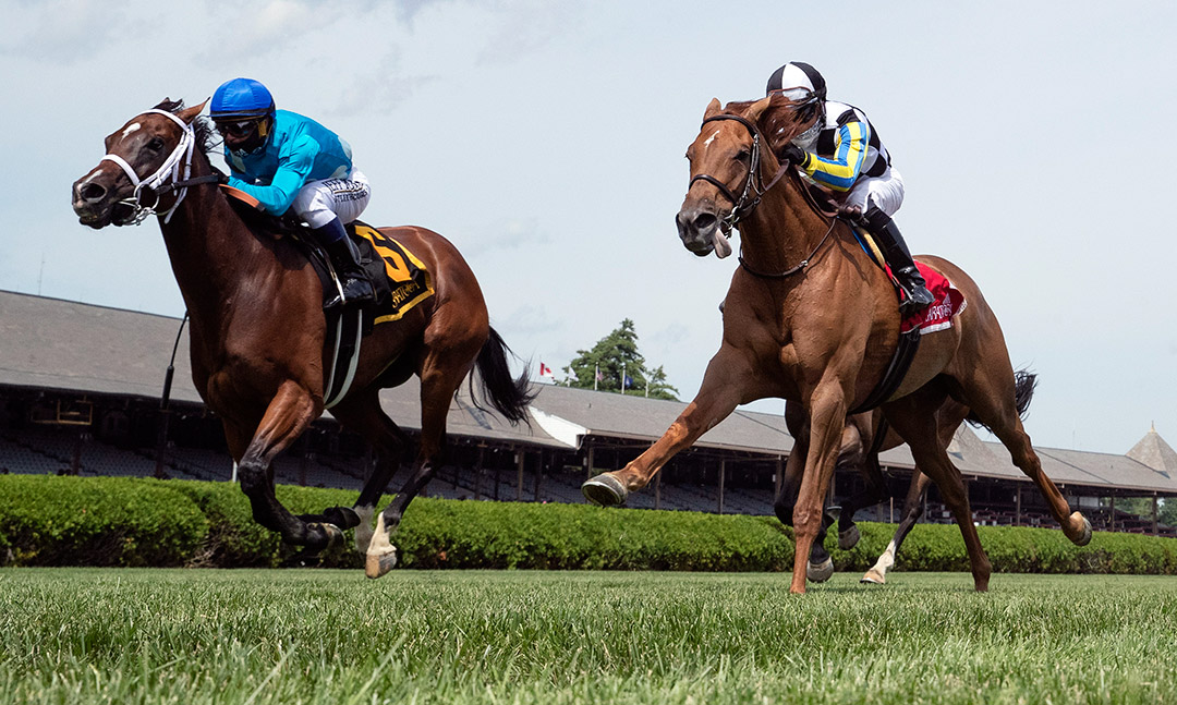 Starship Jubilee (left) wins the Ballston Spa Stakes at Saratoga
