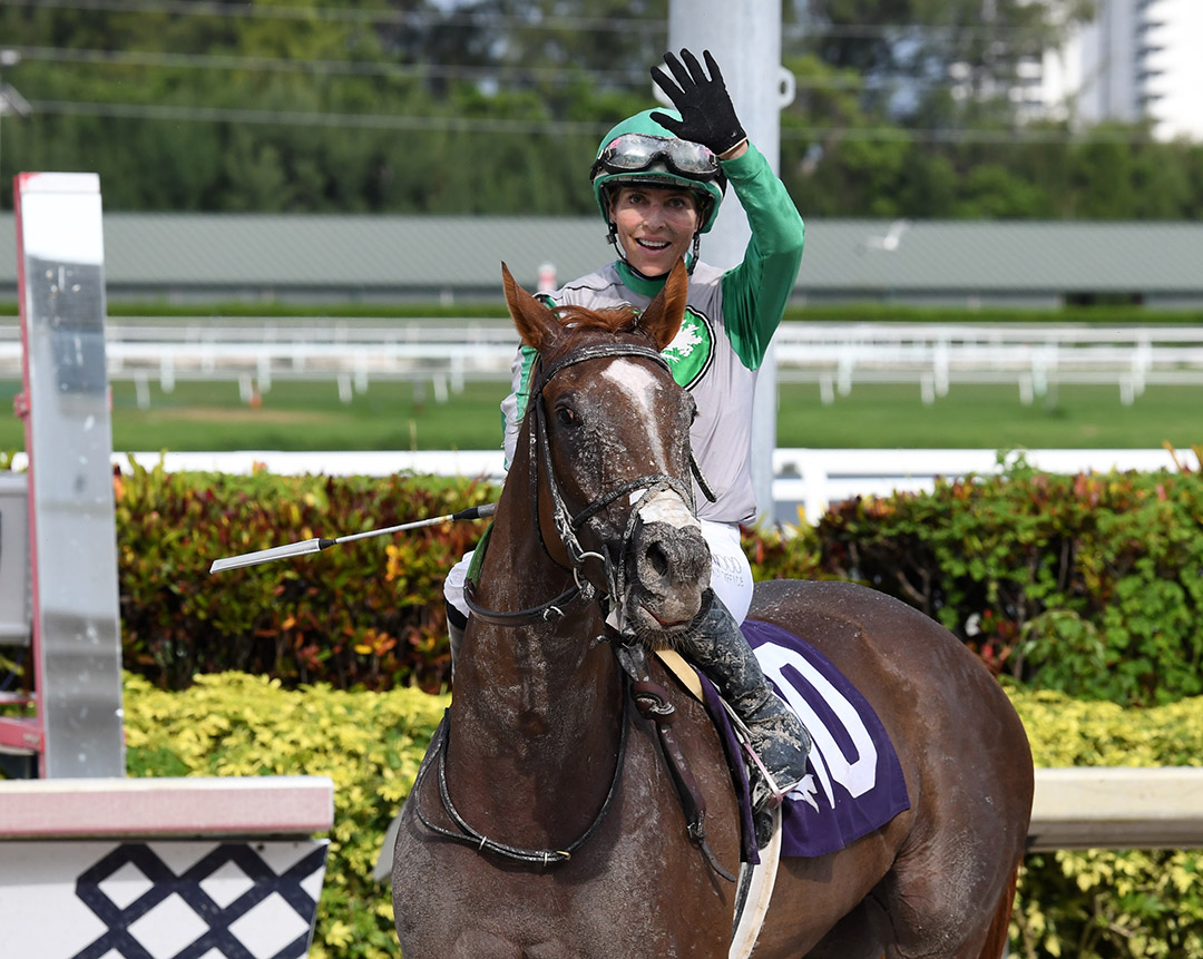 Chantal Sutherland after winning the Monroe Stakes aboard Key Biscayne at Gulfstream