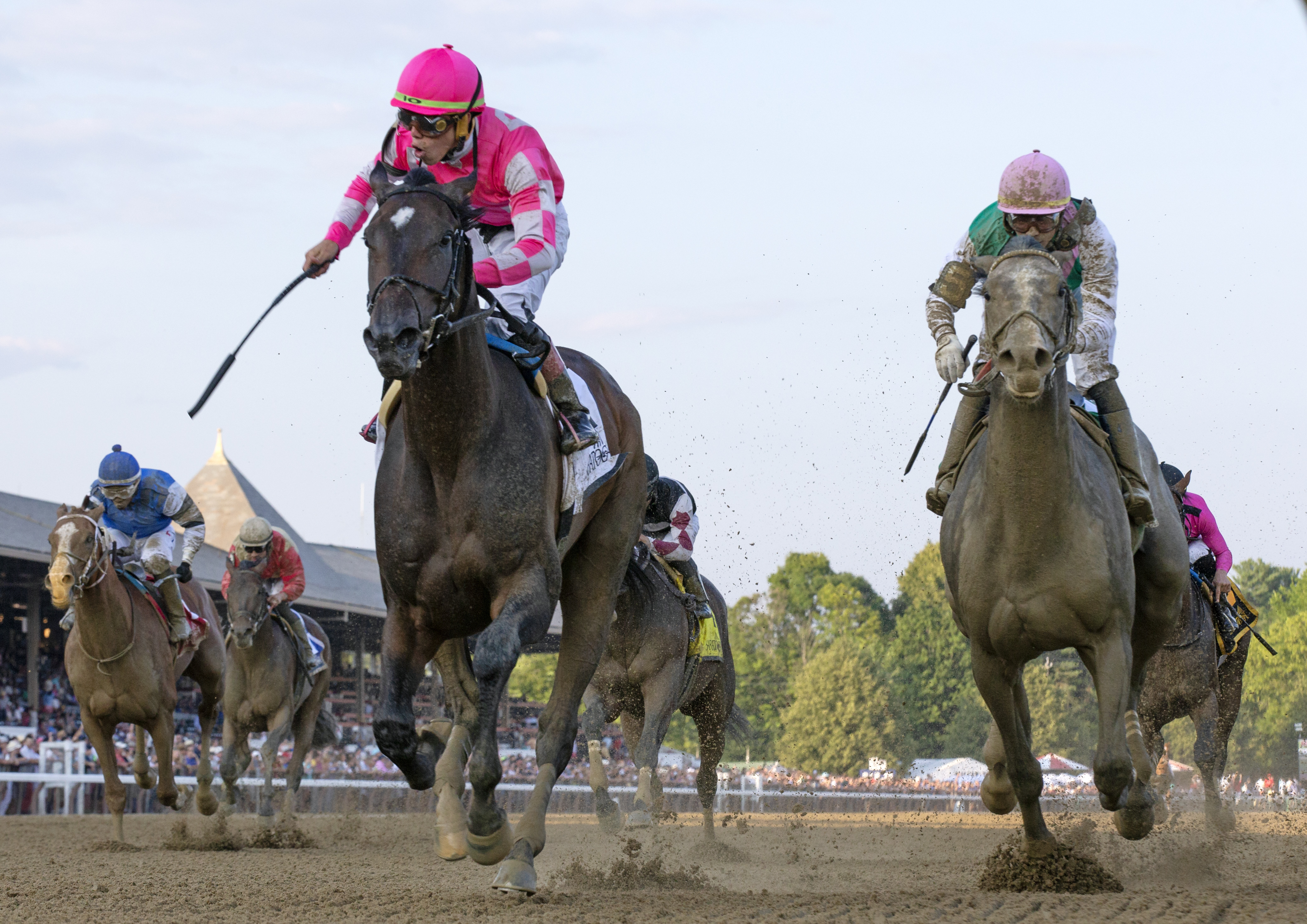Tax (left) defeats Tacitus in the 2019 Jim Dandy Stakes