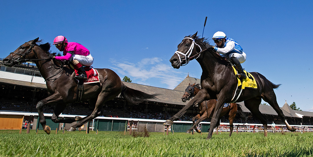 Tell Your Daddy (left) wins the 2021 Bernard Baruch Stakes at Saratoga Race Course