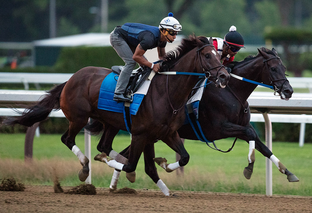 Tenfold (left) and Midnight Bisou work at Saratoga on July 20