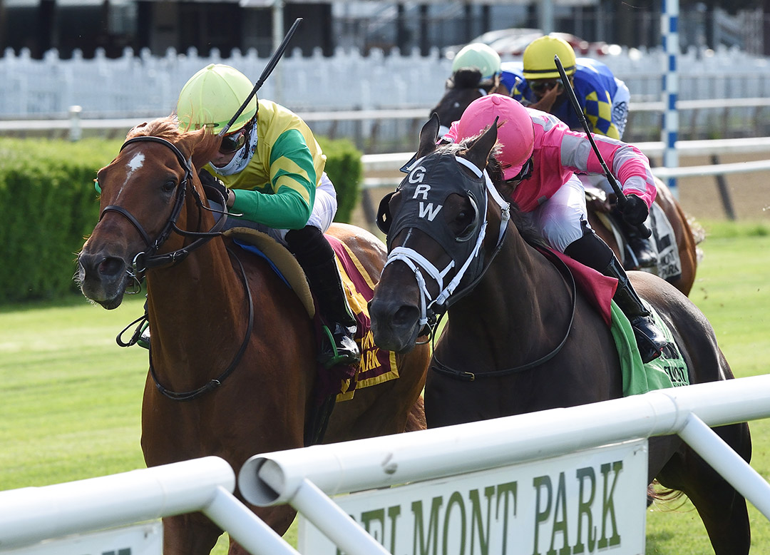 Therapist (left) beats Majestic Dunhill to win the First Defence Stakes at Belmont Park