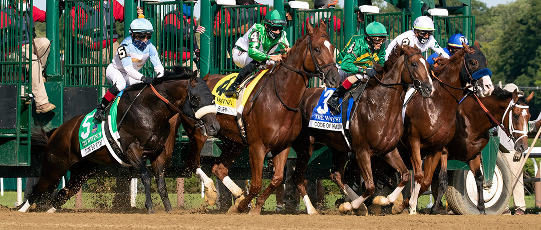 Tom's d'Etat (far left) stumbles at the start of the Whitney Stakes at Saratoga