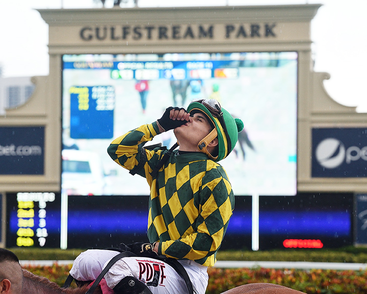 Cristian Torres celebrates after his fourth win at Gulfstream Park on July 27
