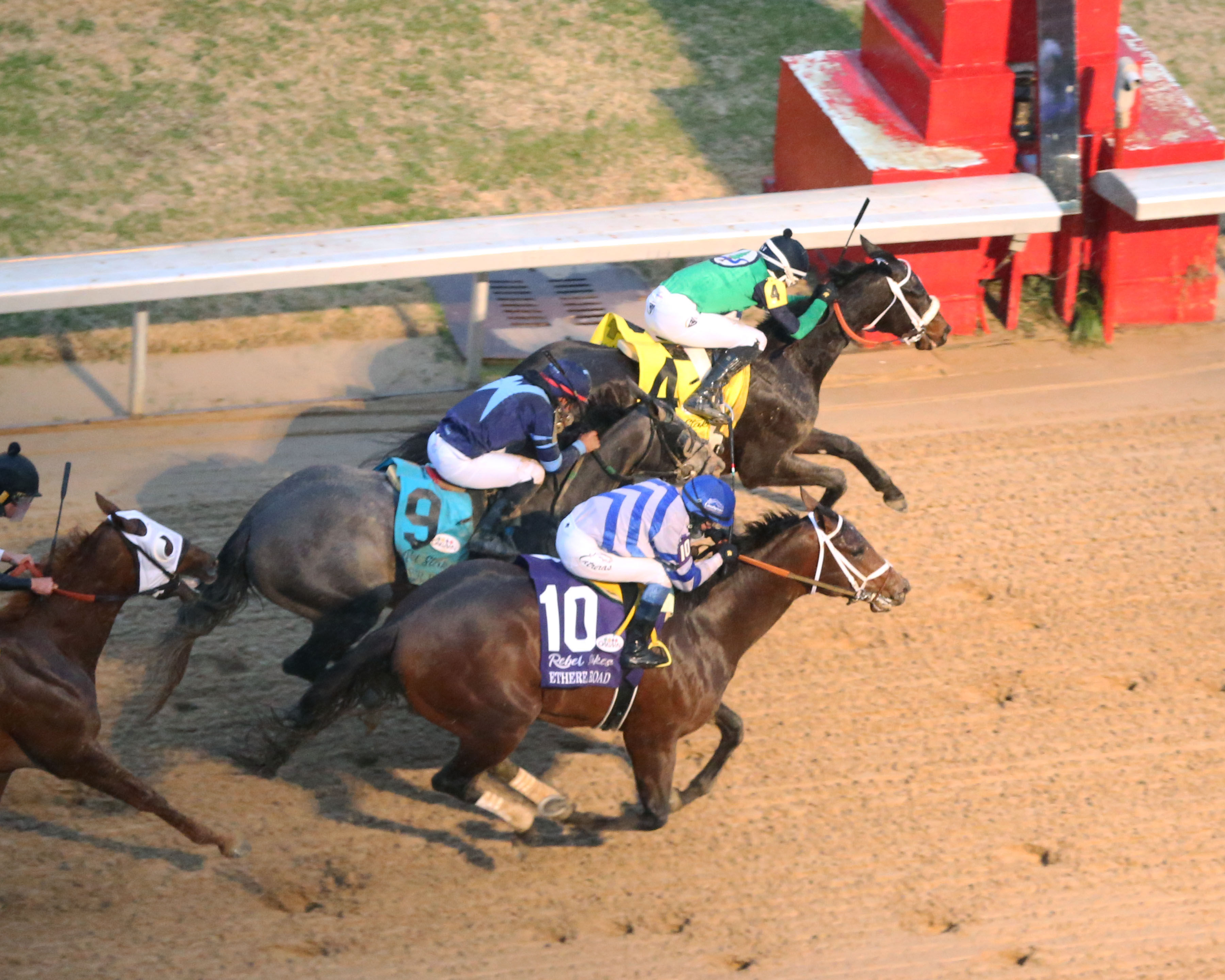 Un Ojo (inside), Ethereal Road (outside), and Barber Road (between) finish in the Rebel Stakes.02.26.2022