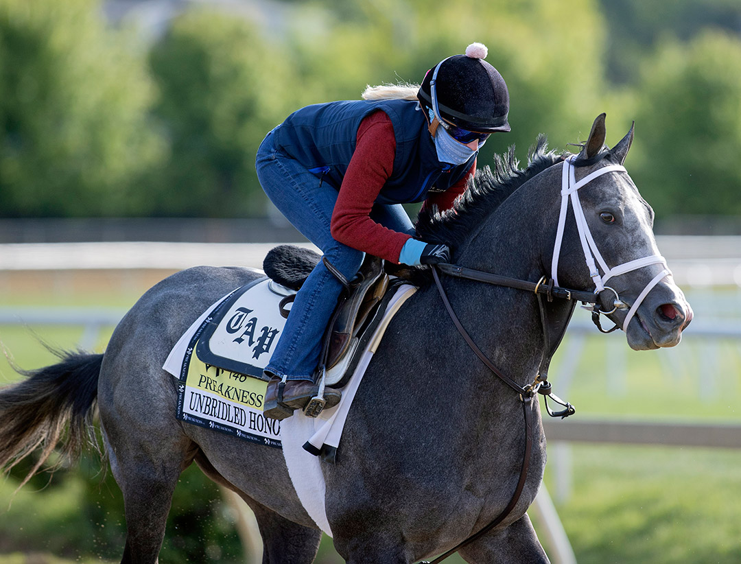 Unbridled Honor trains at Pimlico Race Course on May 12