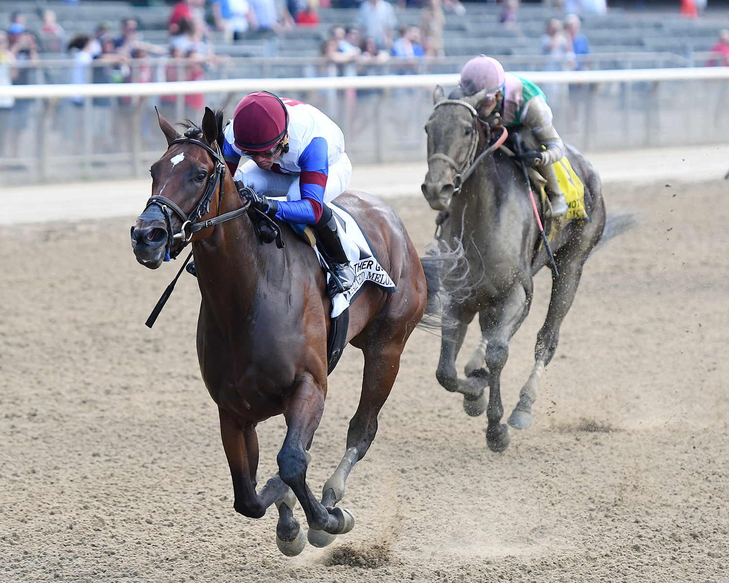 Unchained Melody wins the 2017 Mother Goose Stakes