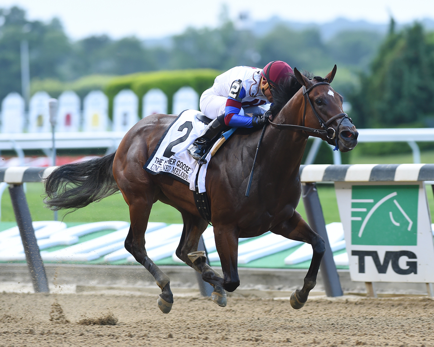 Unchained Melody wins the 2017 Mother Goose Stakes