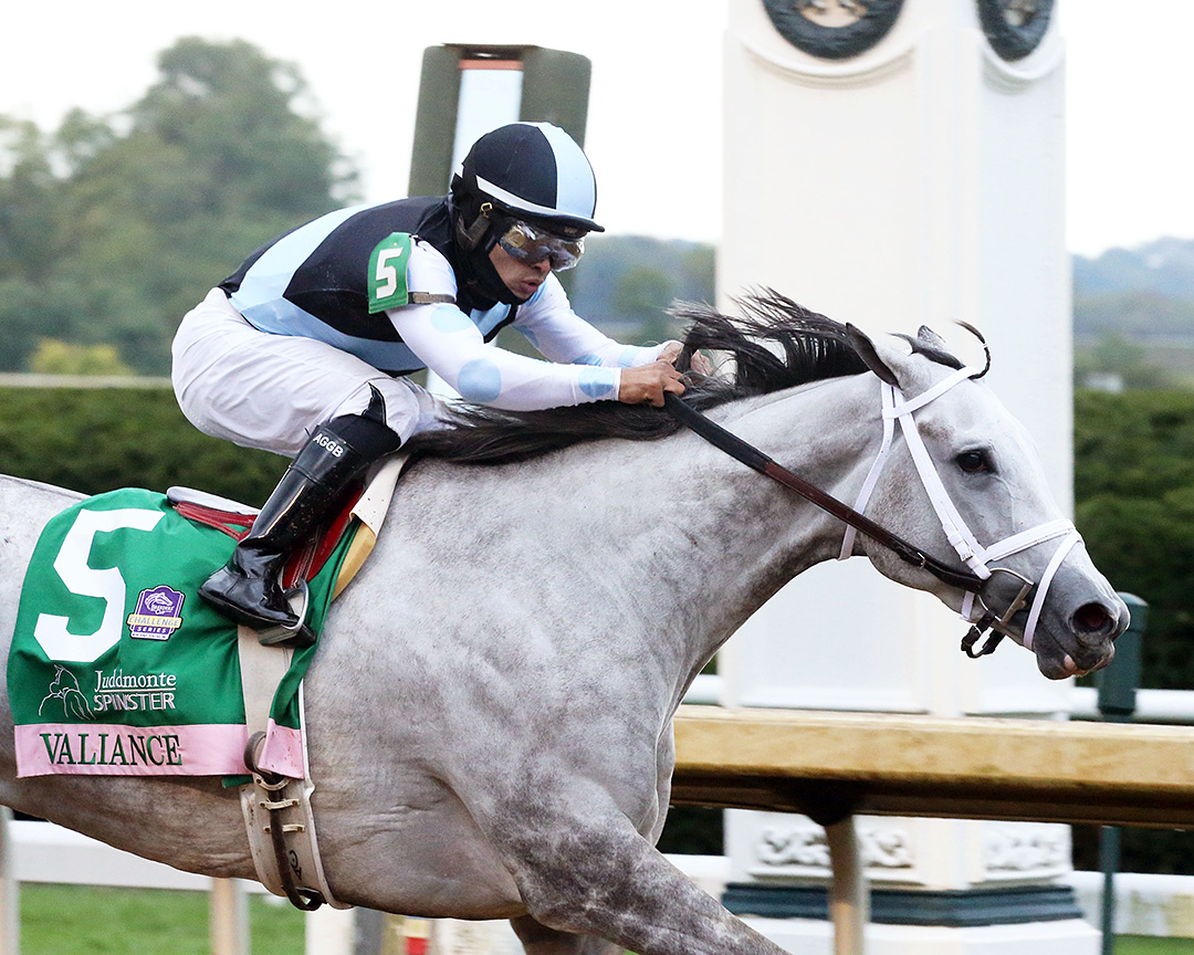 Luis Saez wins the Spinster aboard Valiance at Keeneland