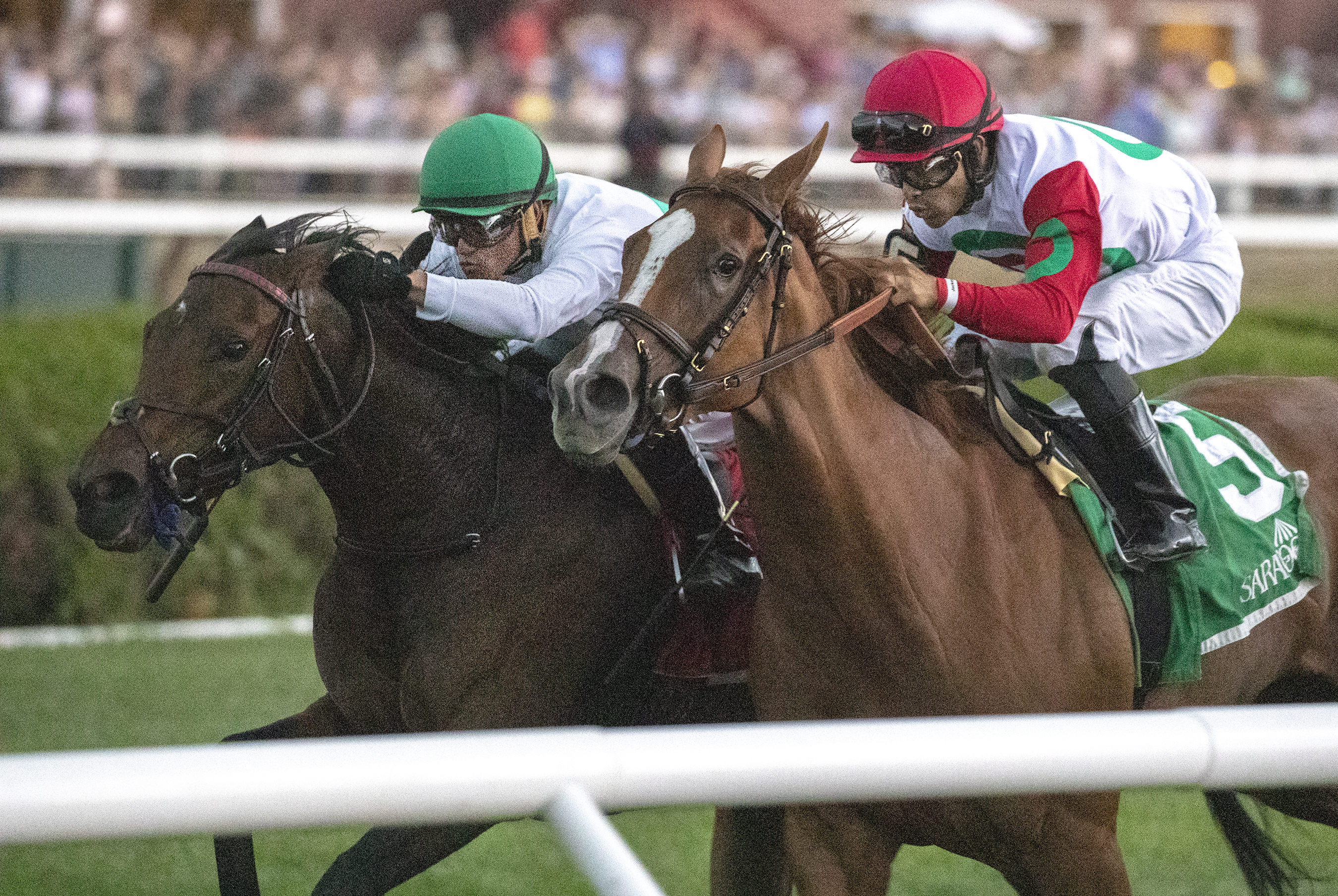 Varenka (left) and Regal Glory finish in a dead heat for win in the 2019 Lake Placid Stakes