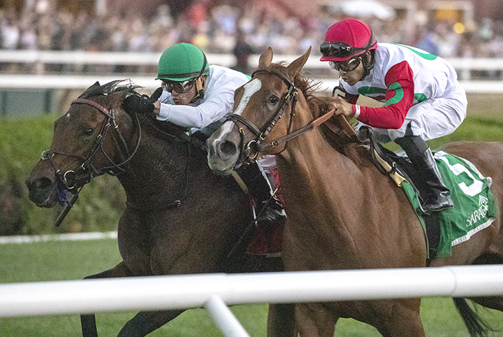 Varenka (left) and Regal Glory dead heat in the Lake Placid Stakes at Saratoga Race Course