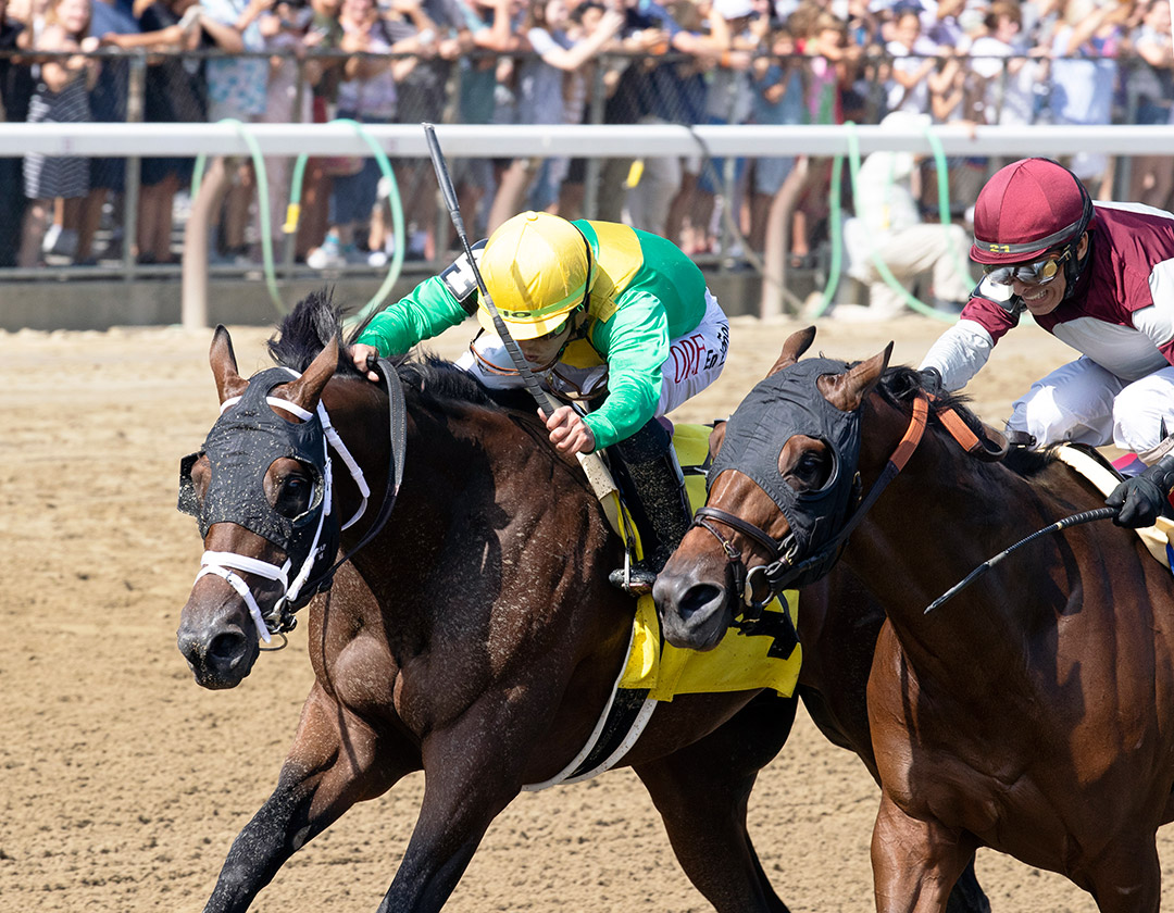 Vindictive (left) wins a July 2021 maiden race at Saratoga