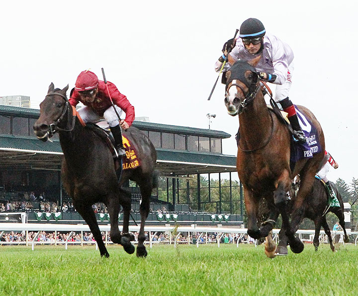 Vitalogy (left) finishes second in the Bourbon Stakes at Keeneland Race Course