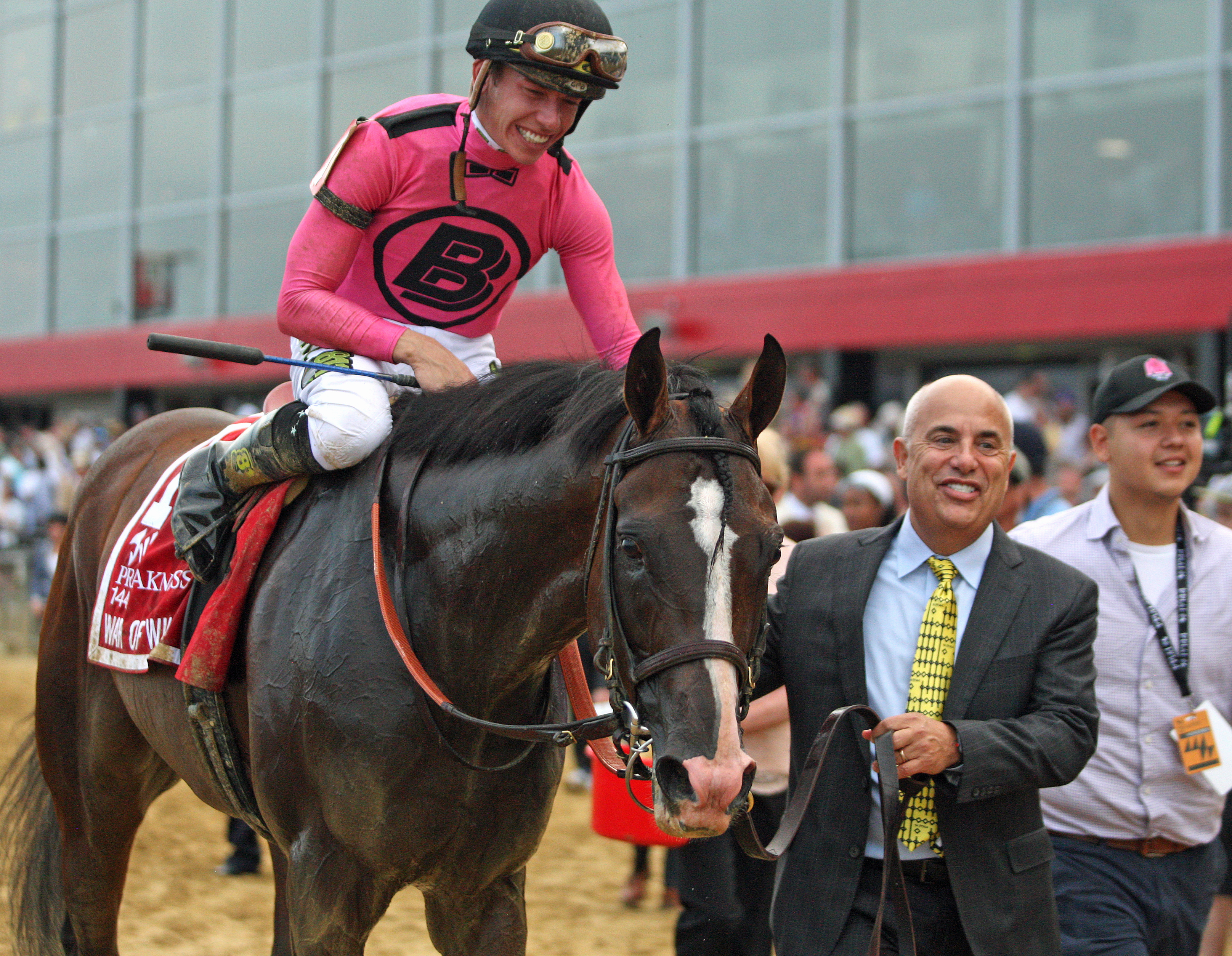 War of Will, Mark Casse, and Tyler Gaffalione after winning the Preakness