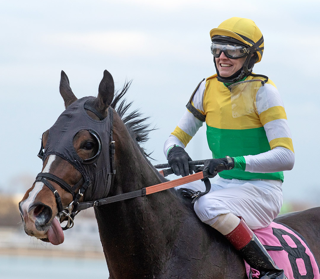 Trevor McCarthy aboard Weyburn after winning the 2021 Gotham Stakes at Aqueduct