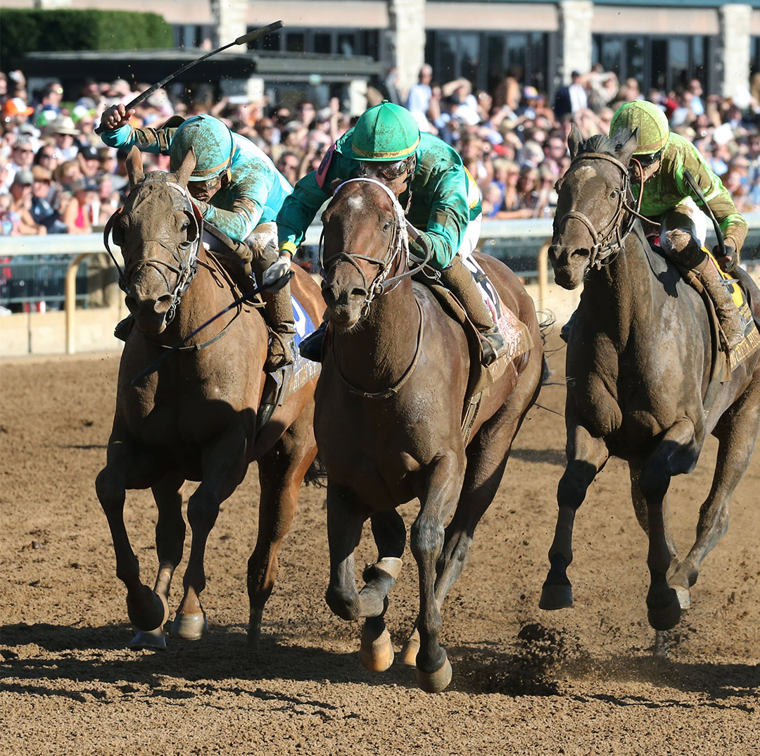Whitmore (left) finishes second to Engage (center) in the 2019 Phoenix at Keeneland