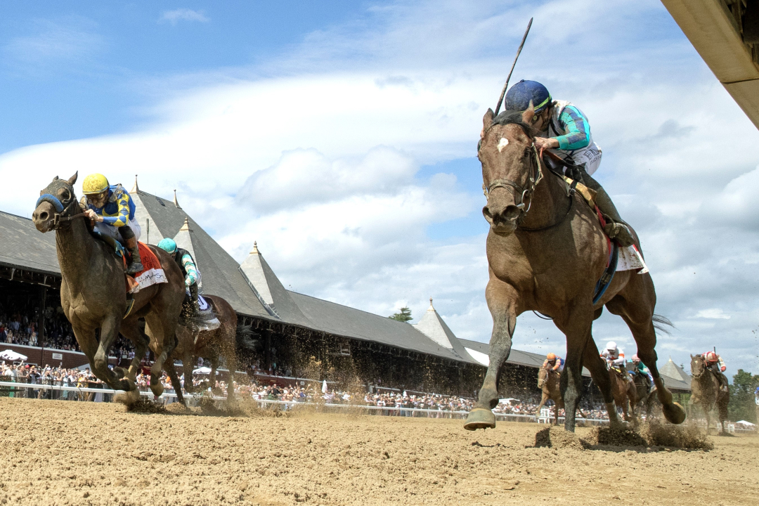 Book'em Danno (right) beats Prince of Monaco in Woody Stephens at SAR June 8 2024