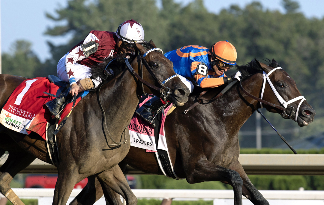 Fierceness (right) holds off Thorpedo Anna in Travers at SAR Aug 24 2024