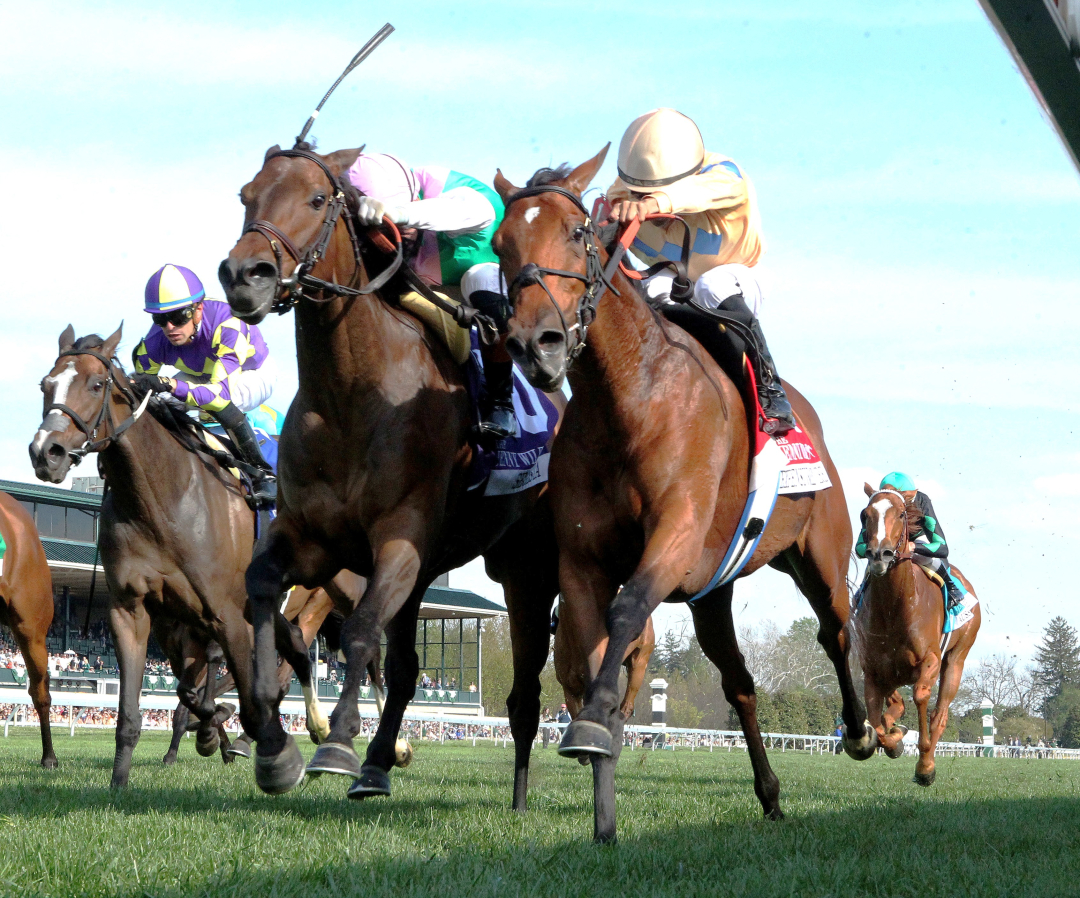 Expensive Queen (right) dead-heats with Segesta in Jenny Wiley at KEE April 11 2026